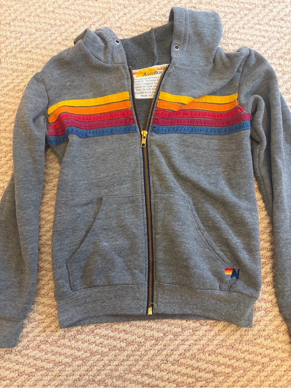 Aviator Nation Kids Gray Zip Hoodie with Yellow Orange Pink Blue Stripes